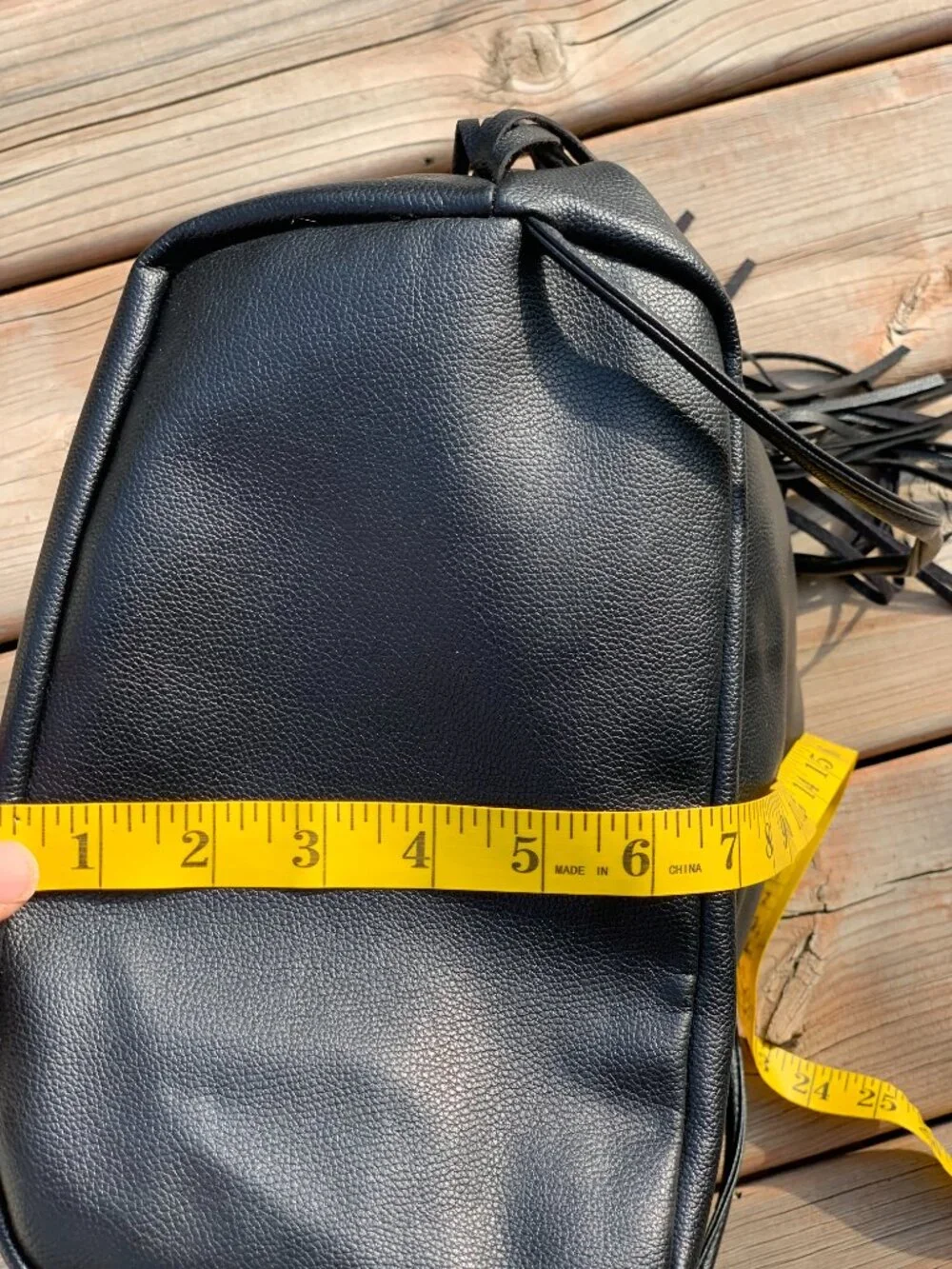 Victoria’s Secret Black Fringe Backpack Faux Leather Drawstring Bucket Bag Purse